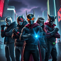 An exhilarating image depicting a group of young supervillains, each wearing distinctive masks and gloves that reflect their unique powers and personalities