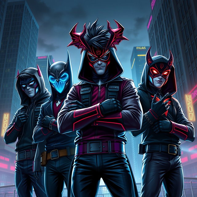 An exhilarating image depicting a group of young supervillains, each wearing distinctive masks and gloves that reflect their unique powers and personalities