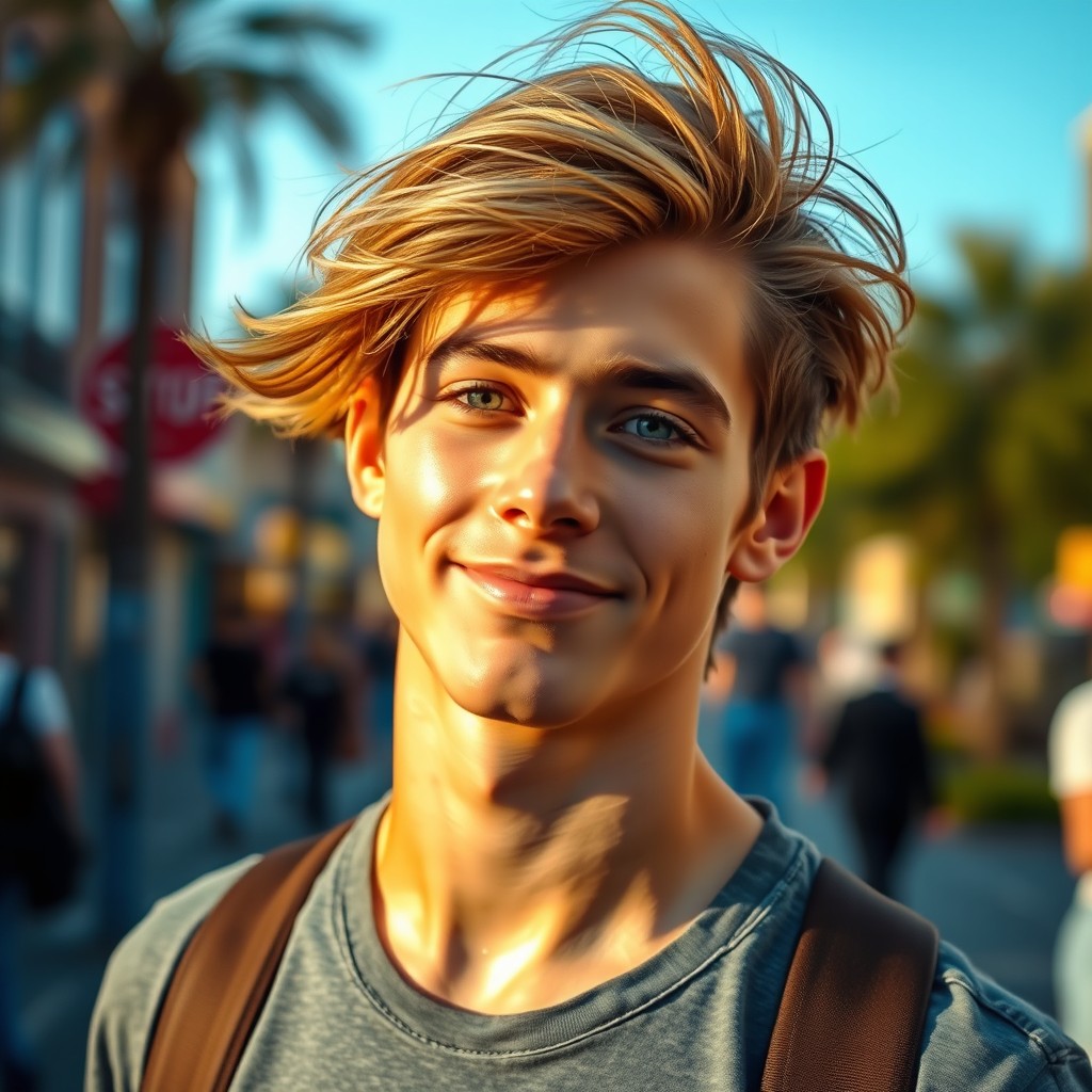 A 22-year-old male standing confidently at 5'10" tall, with sandy brown hair that tousles in the wind