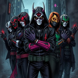 An electrifying image illustrating a group of young male supervillains, each wearing striking masks and gloves that symbolize their unique abilities and wicked personalities