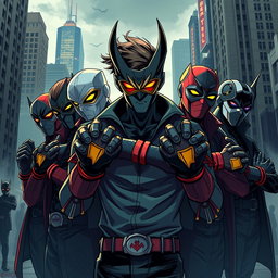 An electrifying image illustrating a group of young male supervillains, each wearing striking masks and gloves that symbolize their unique abilities and wicked personalities