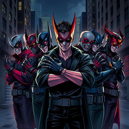 An electrifying image illustrating a group of young male supervillains, each wearing striking masks and gloves that symbolize their unique abilities and wicked personalities