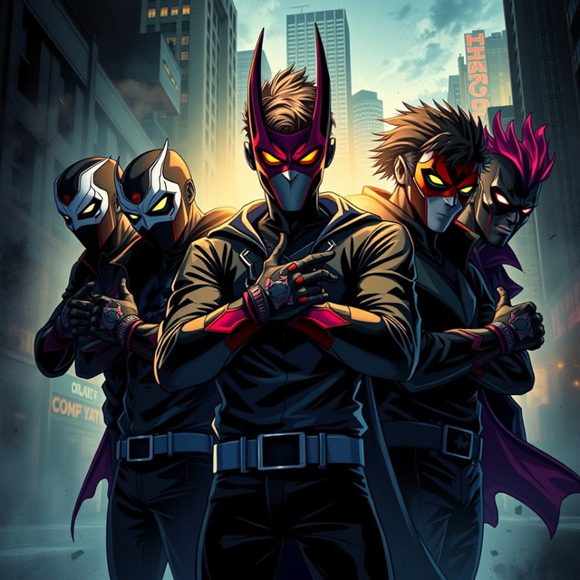 An electrifying image illustrating a group of young male supervillains, each wearing striking masks and gloves that symbolize their unique abilities and wicked personalities