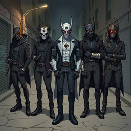A realistic illustration of a group of young male supervillains, each wearing intricate masks and gloves that showcase their unique styles and abilities