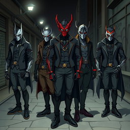 A realistic illustration of a group of young male supervillains, each wearing intricate masks and gloves that showcase their unique styles and abilities