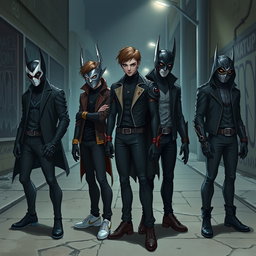 A realistic illustration of a group of young male supervillains, each wearing intricate masks and gloves that showcase their unique styles and abilities