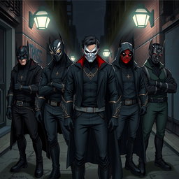 A realistic illustration of a group of young male supervillains, each wearing intricate masks and gloves that showcase their unique styles and abilities