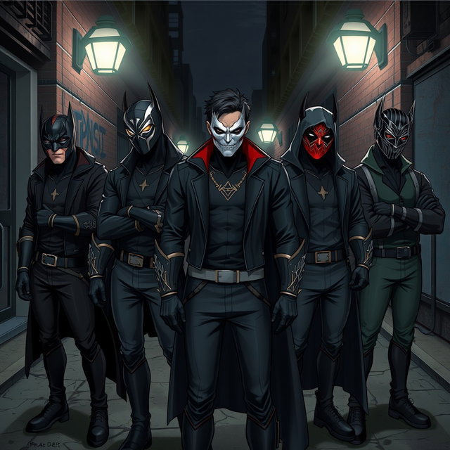 A realistic illustration of a group of young male supervillains, each wearing intricate masks and gloves that showcase their unique styles and abilities