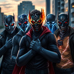 A realistic group of young male supervillains, each showcasing unique powers and styles