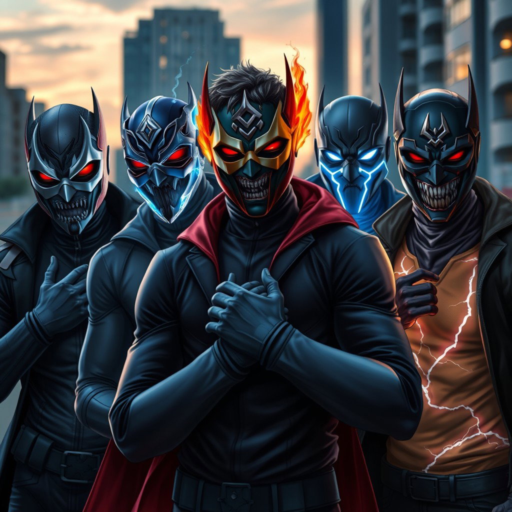 A realistic group of young male supervillains, each showcasing unique powers and styles