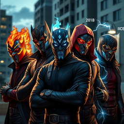 A realistic group of young male supervillains, each showcasing unique powers and styles