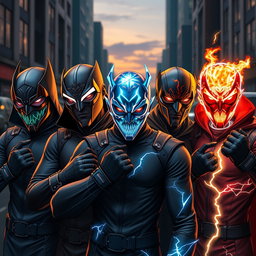 A realistic group of young male supervillains, each showcasing unique powers and styles