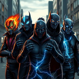 A realistic group of young male supervillains, each showcasing unique powers and styles