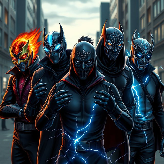 A realistic group of young male supervillains, each showcasing unique powers and styles
