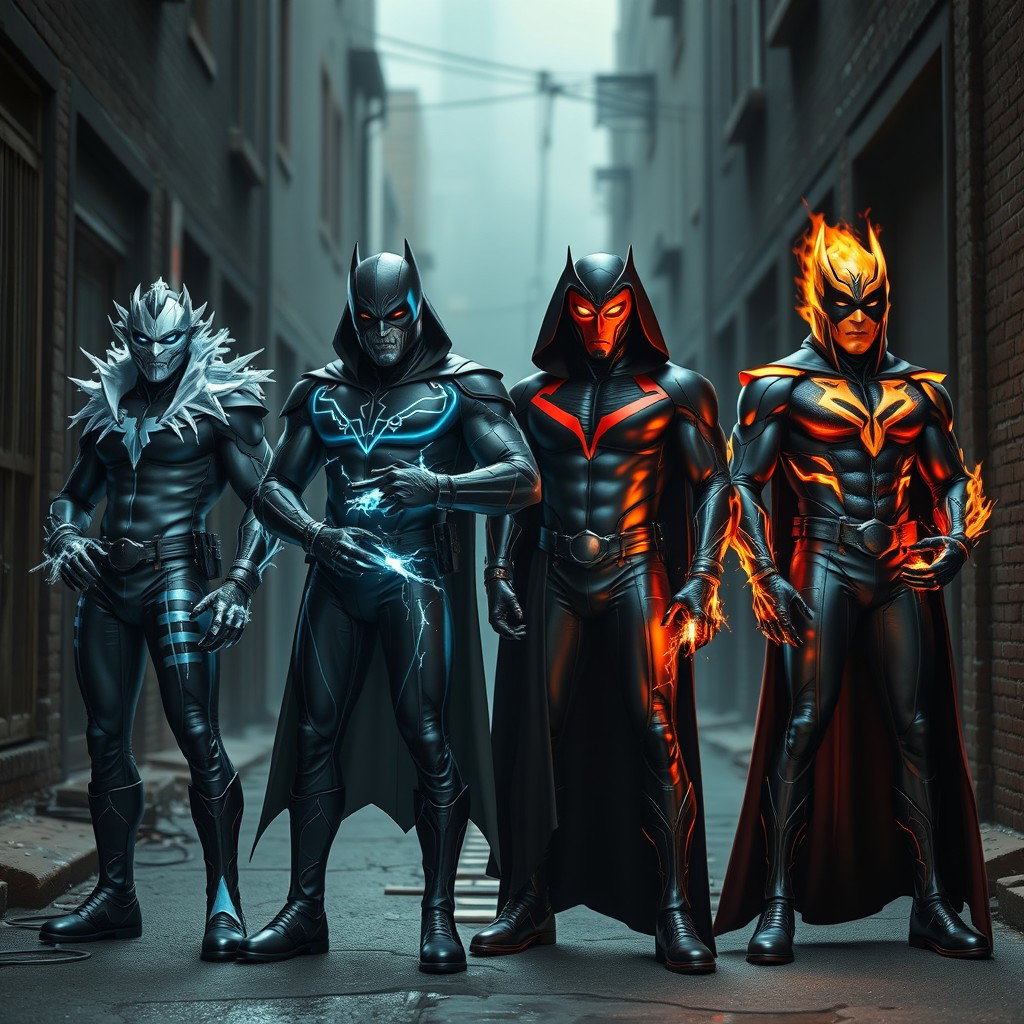 A dynamic group of male supervillains, each showcasing a unique theme and style through their masks and gloves