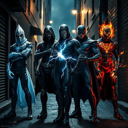 A dynamic group of male supervillains, each showcasing a unique theme and style through their masks and gloves