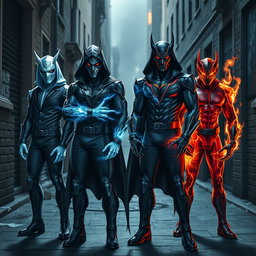 A dynamic group of male supervillains, each showcasing a unique theme and style through their masks and gloves
