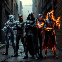 A dynamic group of male supervillains, each showcasing a unique theme and style through their masks and gloves