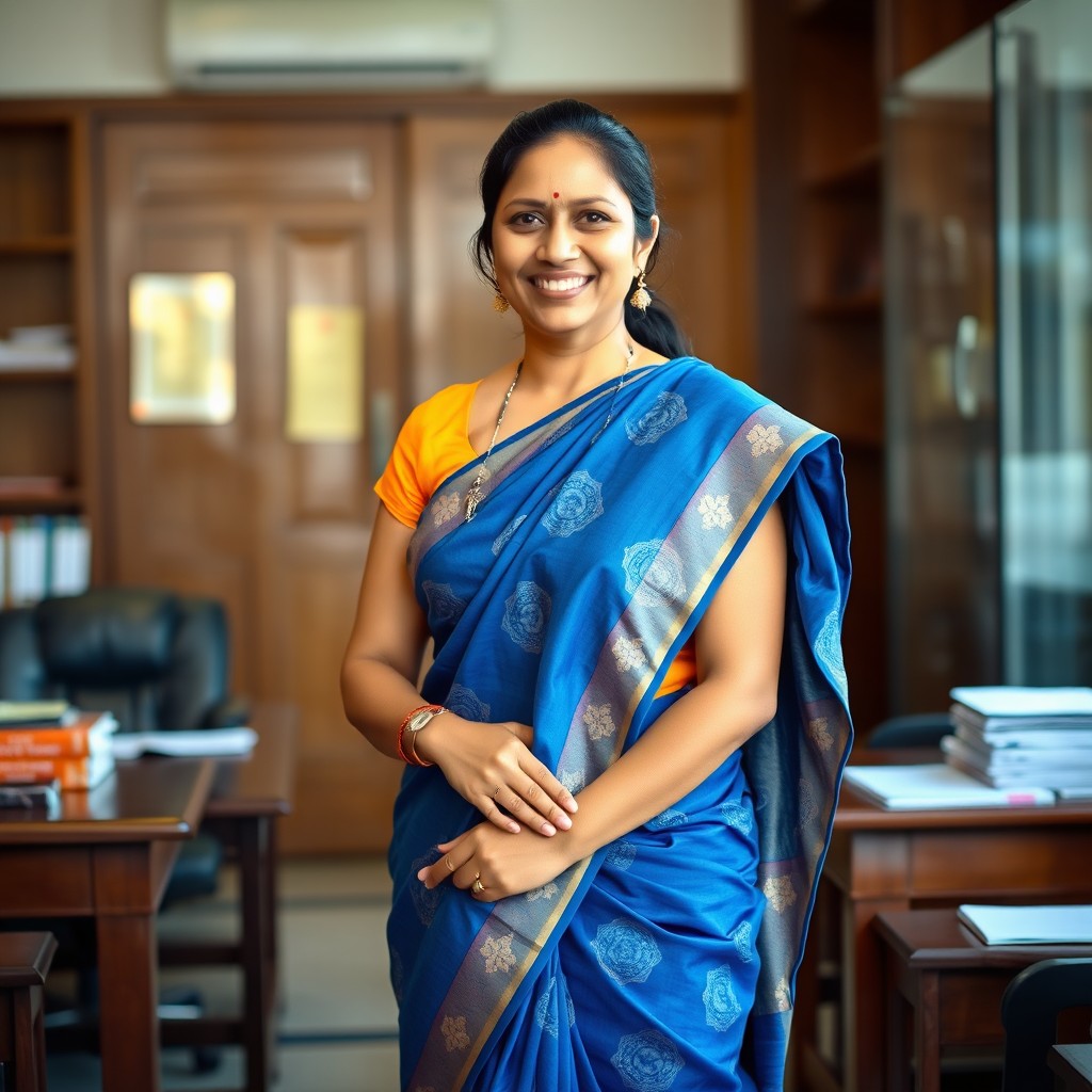 A professional Nepali woman dressed in a traditional blue sari that symbolizes her status as a government worker