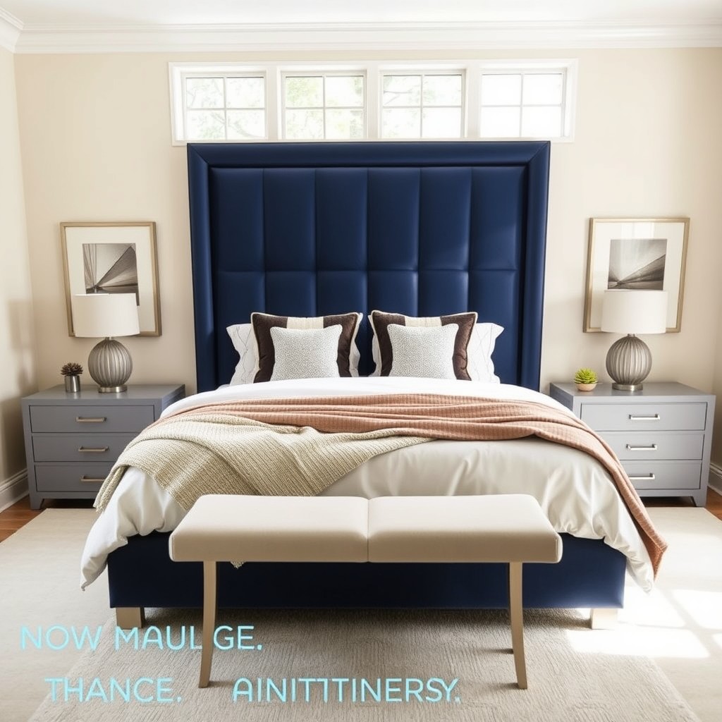 A beautifully designed bedroom featuring a luxurious bed with a modern elegant headboard, now transformed with a rich navy blue color, accented by stylish bedside tables in a complementary light gray
