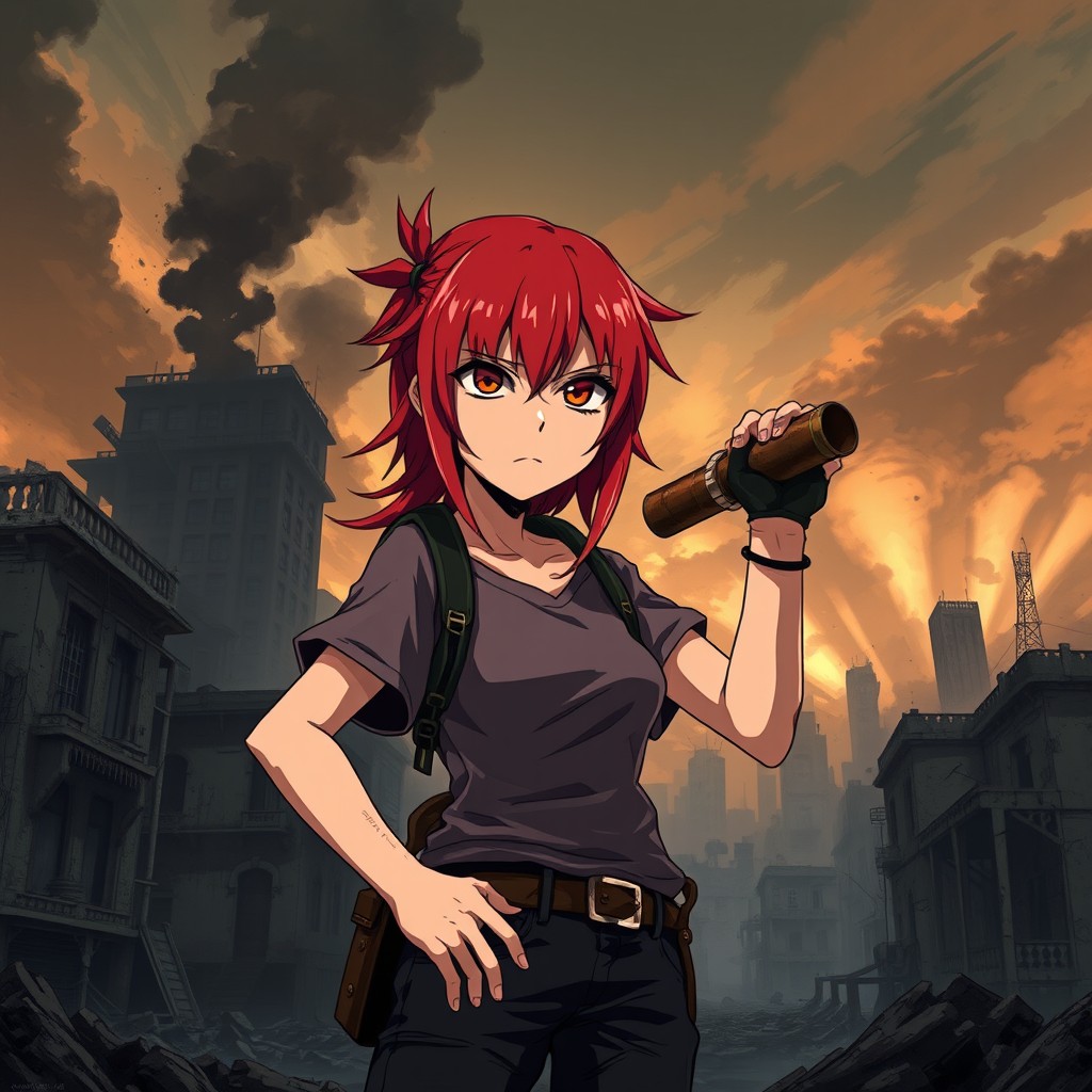 In a dark anime style, an adolescent girl with fiery red hair and a serious expression stands confidently