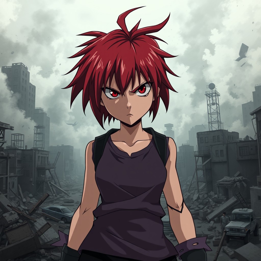 In a dark anime style, a tough adolescent girl with striking red hair and a serious expression stands boldly in the foreground