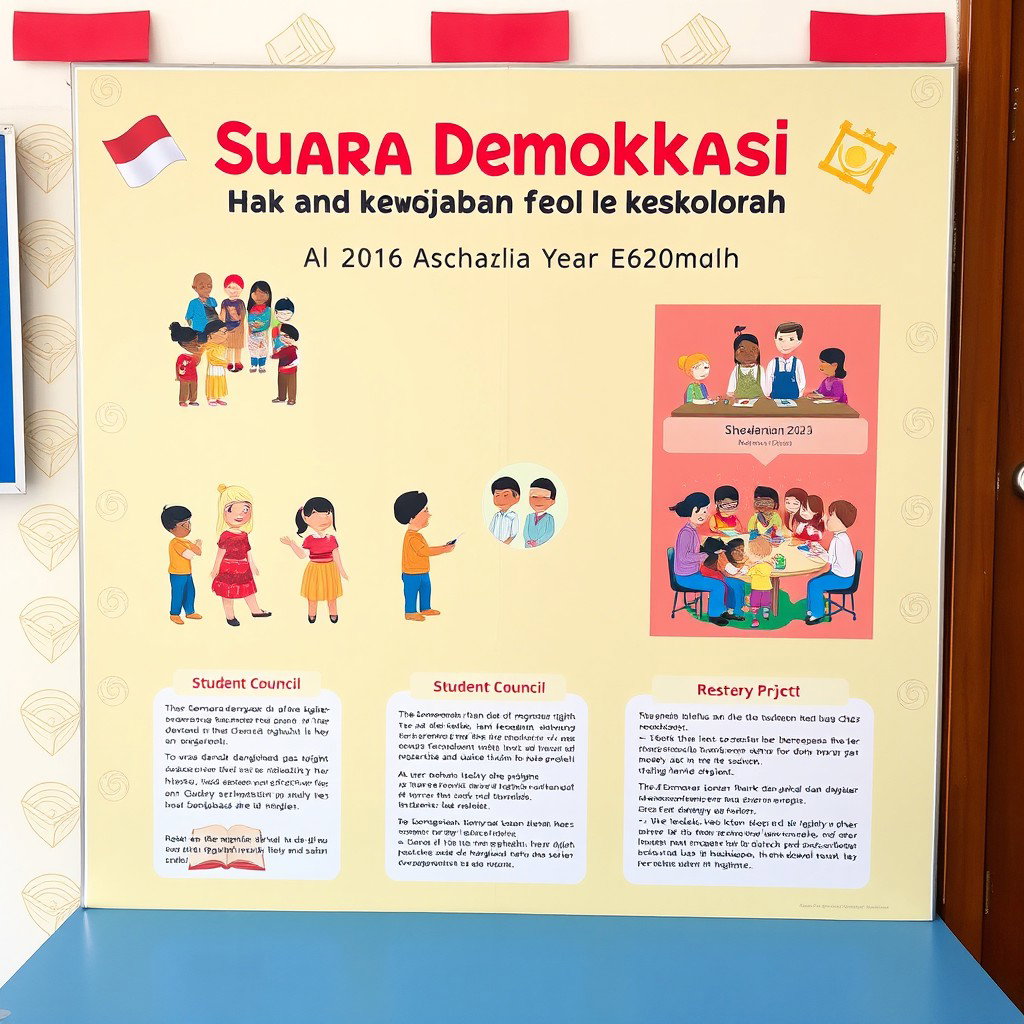 An educational project display board titled 'Suara Demokrasi: Hak dan Kewajiban sebagai Warga Sekolah' for an Indonesian school project for the academic year 2025/2026