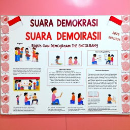 An educational project display board titled 'Suara Demokrasi: Hak dan Kewajiban sebagai Warga Sekolah' for an Indonesian school project for the academic year 2025/2026
