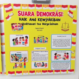 An educational project display board titled 'Suara Demokrasi: Hak dan Kewajiban sebagai Warga Sekolah' for an Indonesian school project for the academic year 2025/2026