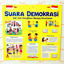 An educational project display board titled 'Suara Demokrasi: Hak dan Kewajiban sebagai Warga Sekolah' for an Indonesian school project for the academic year 2025/2026
