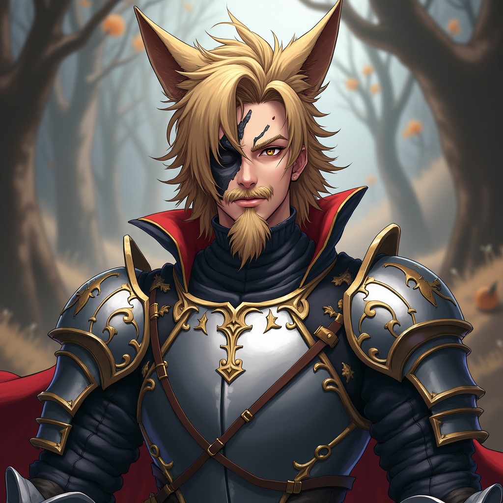 An anime male character featuring fox ears, with a dramatic large scar over one eye, and distinctive mutton chop facial hair