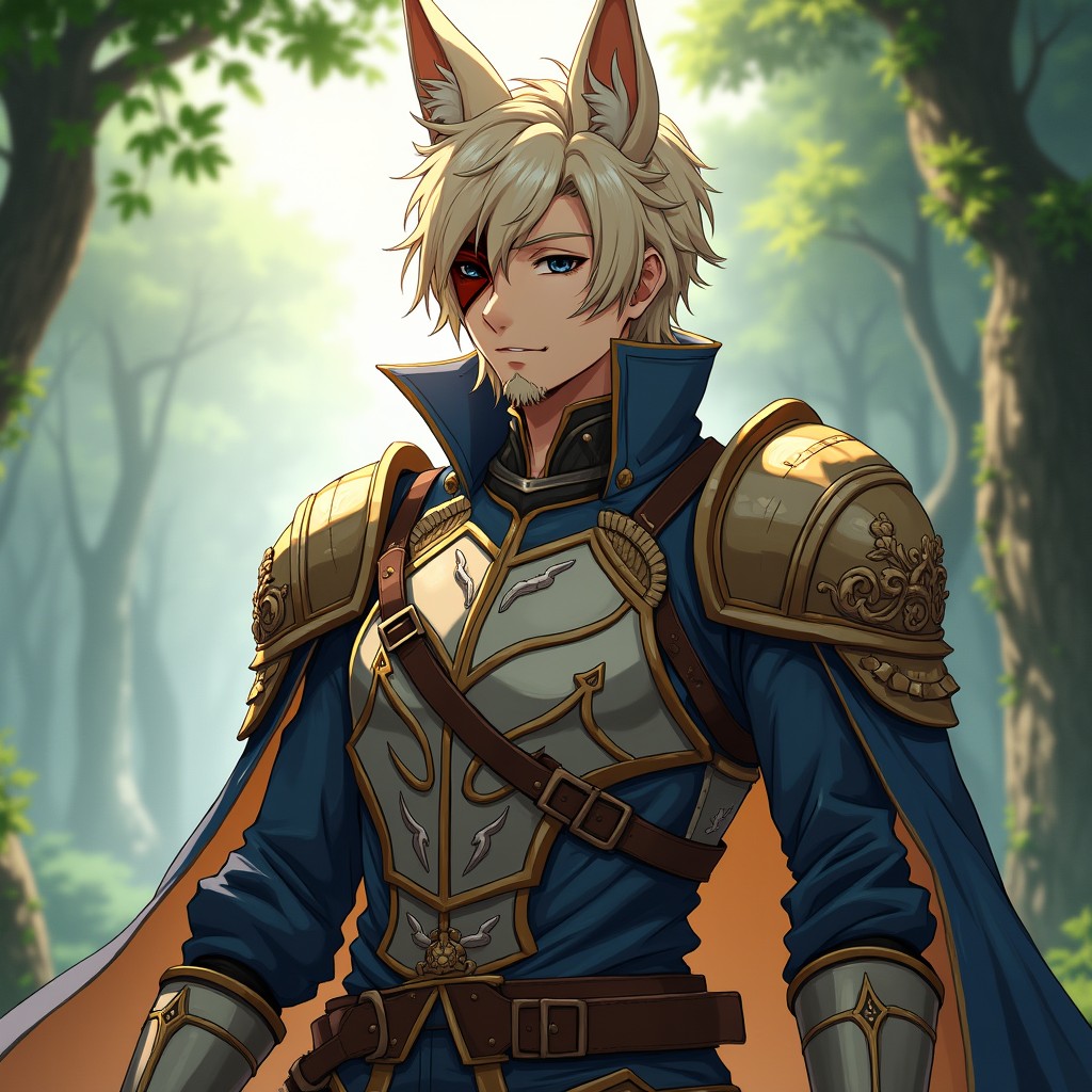 An anime male character with fox ears and a striking scar over one eye, complemented by a stylish goatee