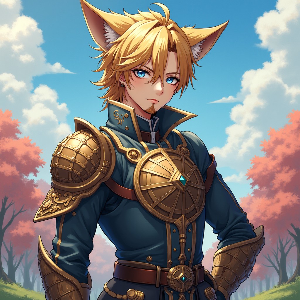 An anime male character with fox ears, featuring a scar over his eye that appears to be partially healed, giving him a rugged look