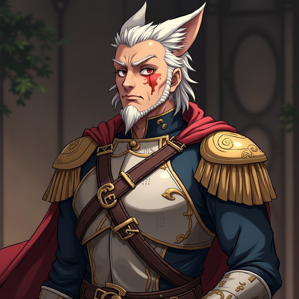 An older anime male character with fox ears, featuring a well-healed scar over one eye, adding to his rugged charm
