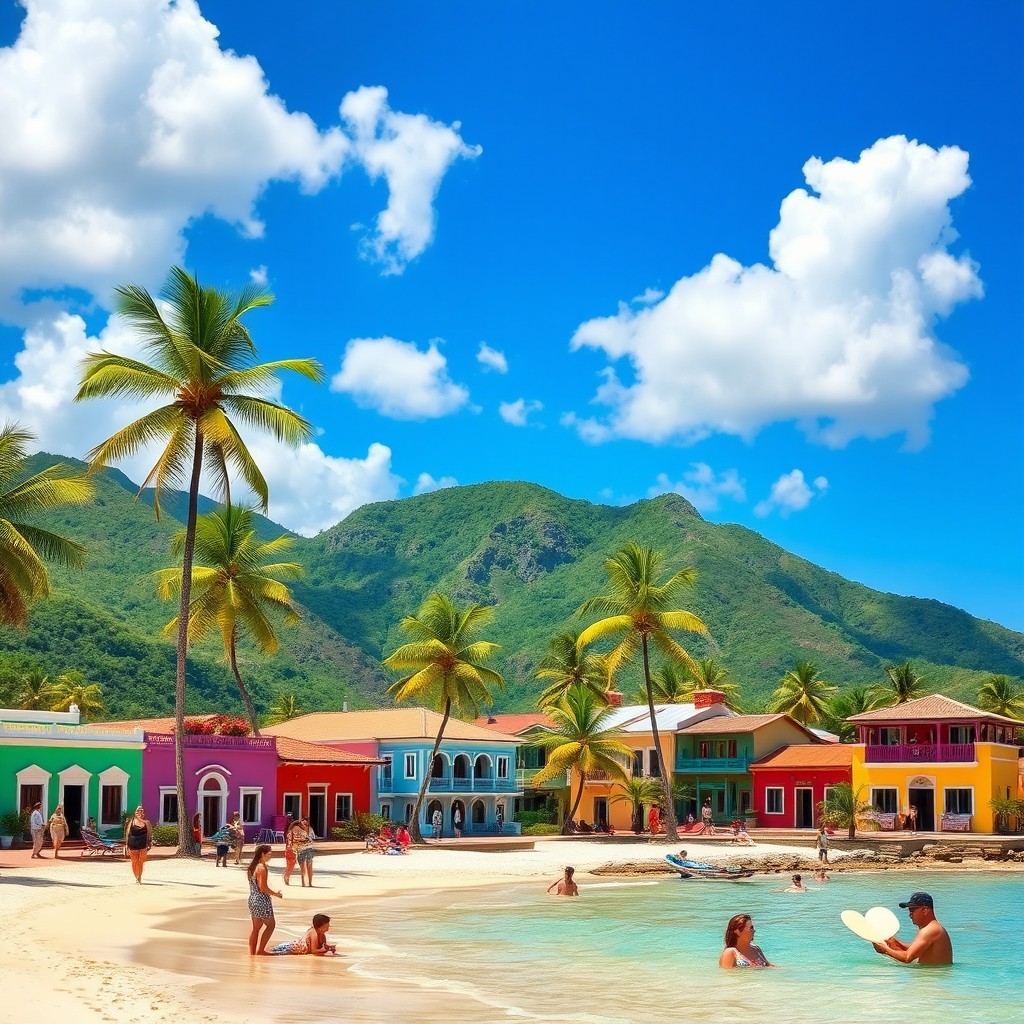 A vibrant scene showcasing the beauty of Puerto Rico, featuring lush green mountains in the background, crystal-clear turquoise waters, and a sandy beach dotted with palm trees