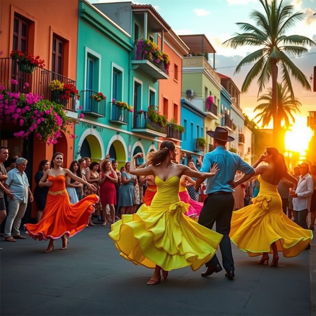A vibrant street scene in Puerto Rico showcasing energetic dancers performing traditional Latin dances, surrounded by colorful buildings adorned with tropical flowers