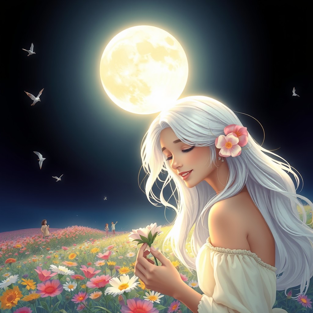A tranquil night scene illuminated by a bright, luminous full moon