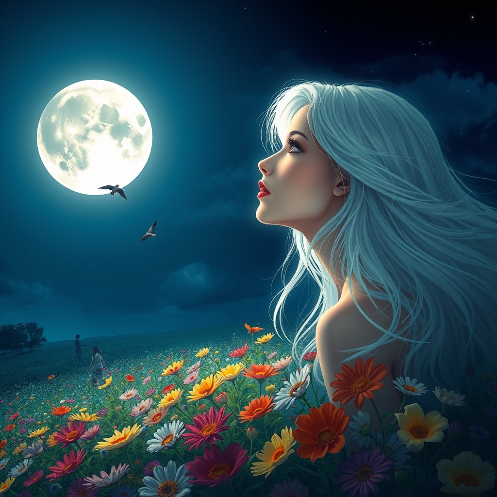 A captivating night scene featuring a bright, luminous full moon meeting the enchanting profile of a beautiful young woman with flowing white hair