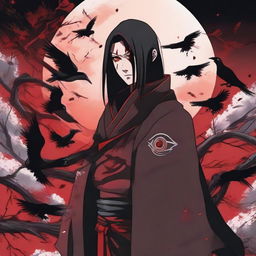 Itachi Uchiha, a legendary character from Naruto, standing solemnly in his Akatsuki robe, magpies swirling in the background against a full moon. His Sharingan eyes are glowing in the dark.