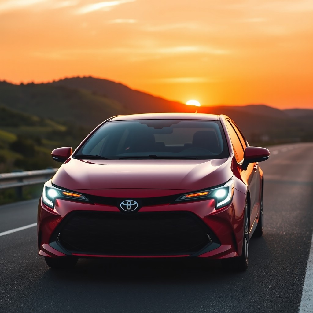 A sleek and modern Toyota Corolla, showcasing its elegant design and smooth curves, parked on a scenic highway with a breathtaking sunset in the background