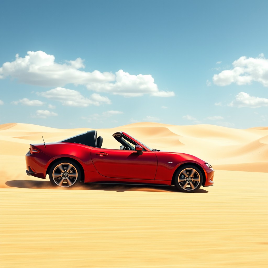 A sleek Mazda MX-5 sports car cruising through a vast, sun-drenched desert landscape