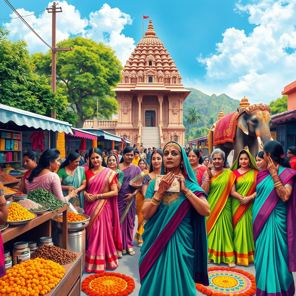 A vibrant and colorful depiction of traditional Indian culture, showcasing a lively street scene filled with people dressed in traditional attire like saris and kurtas, spices and textiles displayed in market stalls, and intricate henna designs on hands