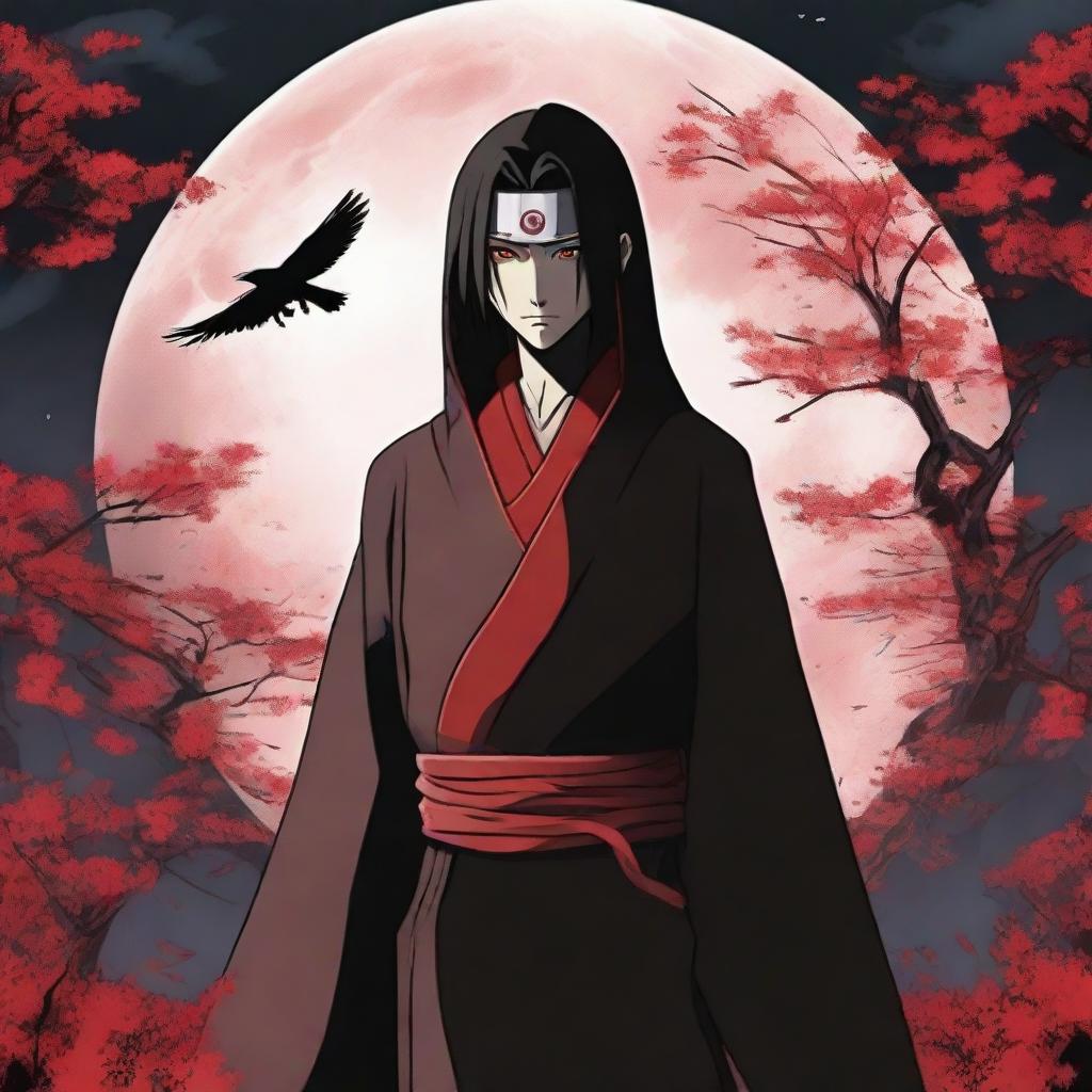 Itachi Uchiha, a legendary character from Naruto, standing solemnly in his Akatsuki robe, magpies swirling in the background against a full moon. His Sharingan eyes are glowing in the dark.