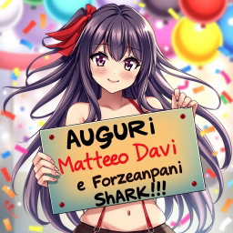 A stunning anime waifu with long, flowing hair and expressive eyes, stands confidently, holding a vibrant, decorative sign that reads 'Auguri Matteo Davi e Forza Trapani Shark!!!'