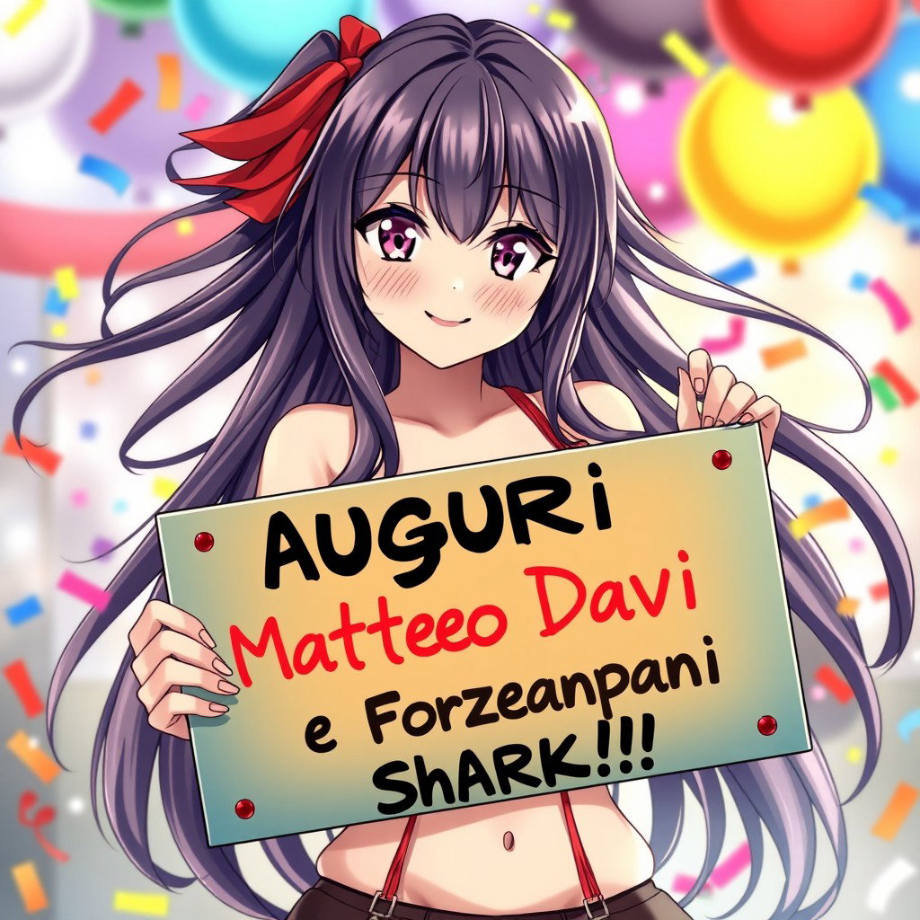 A stunning anime waifu with long, flowing hair and expressive eyes, stands confidently, holding a vibrant, decorative sign that reads 'Auguri Matteo Davi e Forza Trapani Shark!!!'