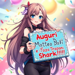 A stunning anime waifu with long, flowing hair and expressive eyes, stands confidently, holding a vibrant, decorative sign that reads 'Auguri Matteo Davi e Forza Trapani Shark!!!'