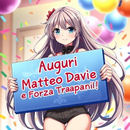A stunning anime waifu with long, flowing hair and expressive eyes, stands confidently, holding a vibrant, decorative sign that reads 'Auguri Matteo Davi e Forza Trapani Shark!!!'