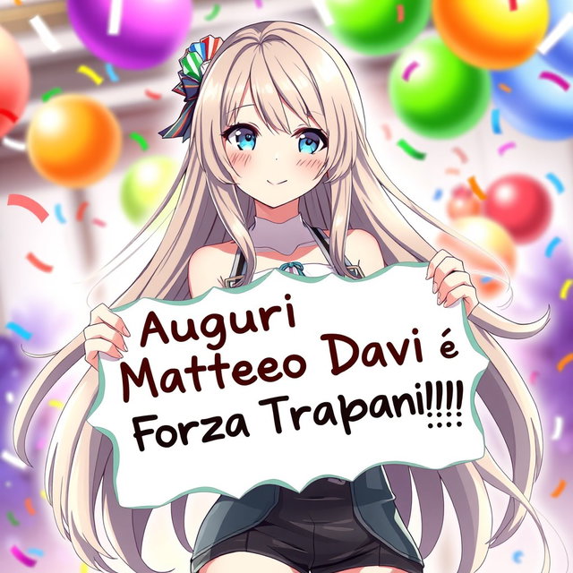 A stunning anime waifu with long, flowing hair and expressive eyes, stands confidently, holding a vibrant, decorative sign that reads 'Auguri Matteo Davi e Forza Trapani Shark!!!'