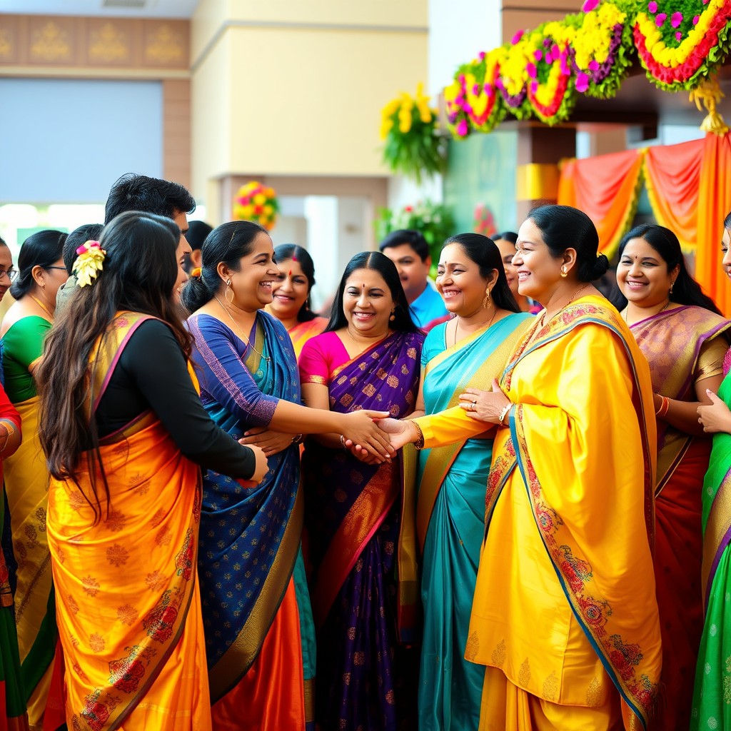 A vibrant scene depicting a joyful cultural exchange among a diverse group of Indian people greeting each other with warm smiles and traditional gestures