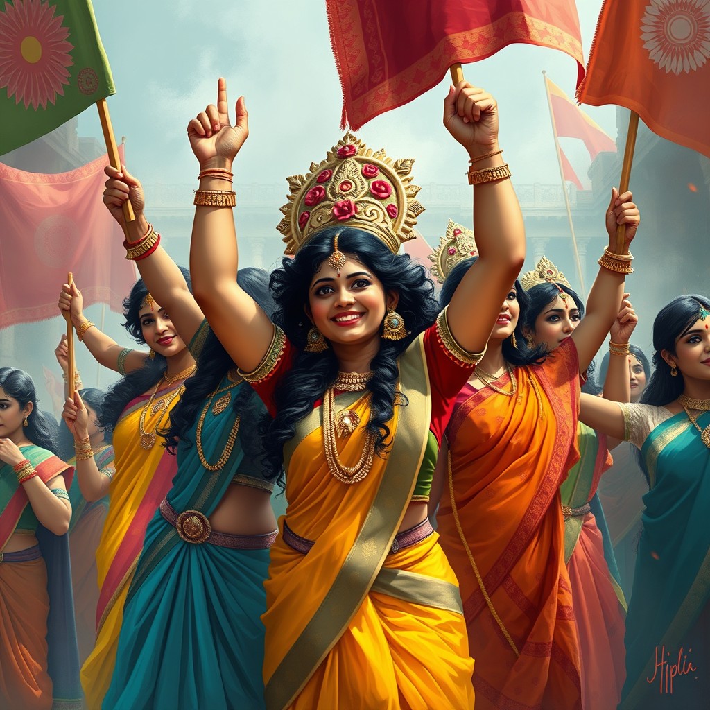 A vibrant digital painting depicting Indian girls dressed in traditional attire inspired by the goddess Durga, passionately participating in a protest